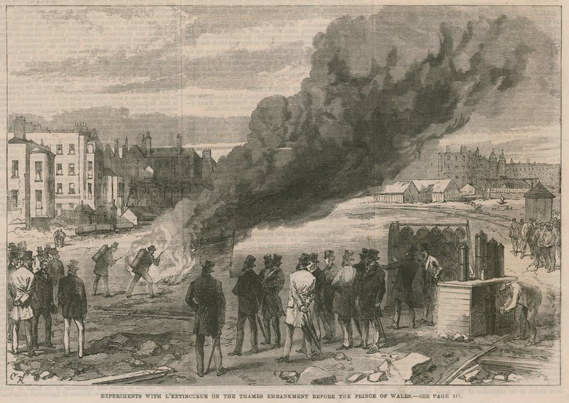 Experiments with Extinguisher on the Thames Embankment before the Prince of Wales by English School