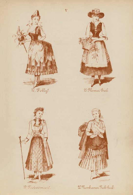 Fancy dress outfits: Folly, Flower Girl, Foolwoman, Newhaven Fish Girl by English School