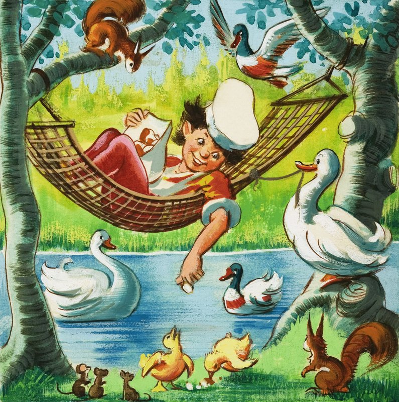 Feeding ducks from a hammock by English School
