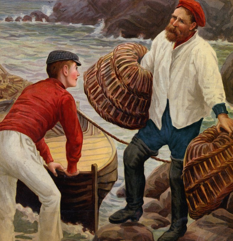 Fishermen with lobster pots by English School
