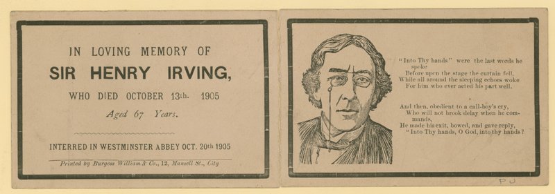 Folding card noting the passing of Sir Henry Irving, actor, who died on 13 October 1905 by English School