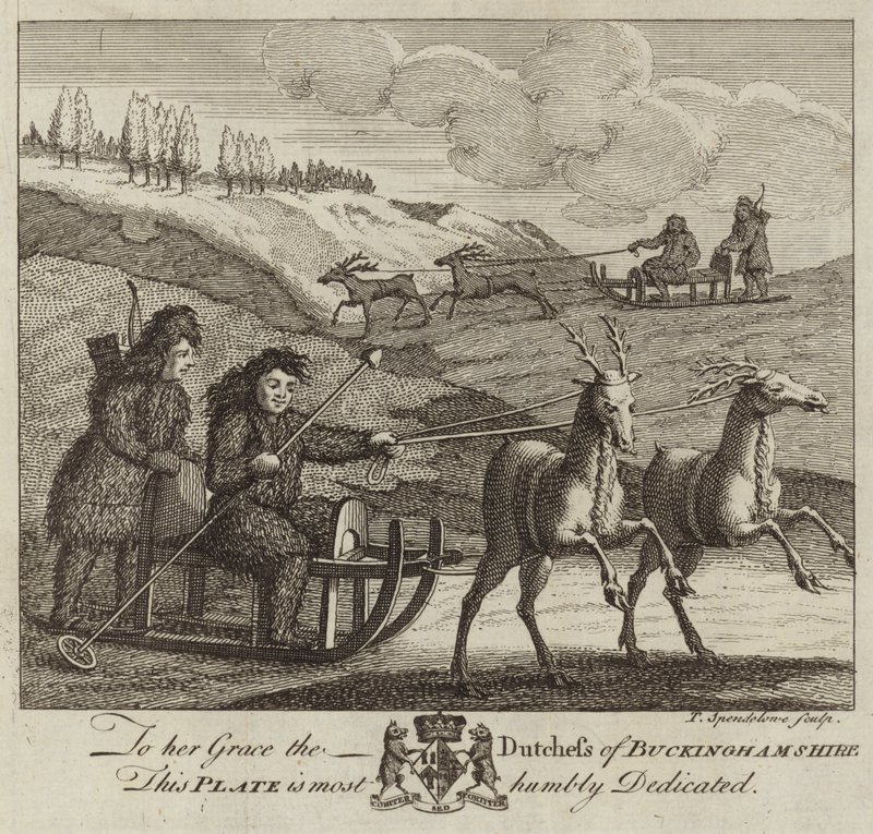 Four eskimo figures driving two reindeer-driven sledges by English School
