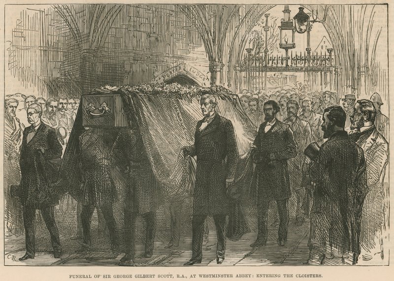 Funeral of the Late Sir George Gilbert Scott, RA, at Westminster Abbey, Entering the Cloisters by English School
