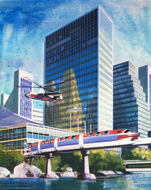 Futuristic Monorail and Helicopter by English School