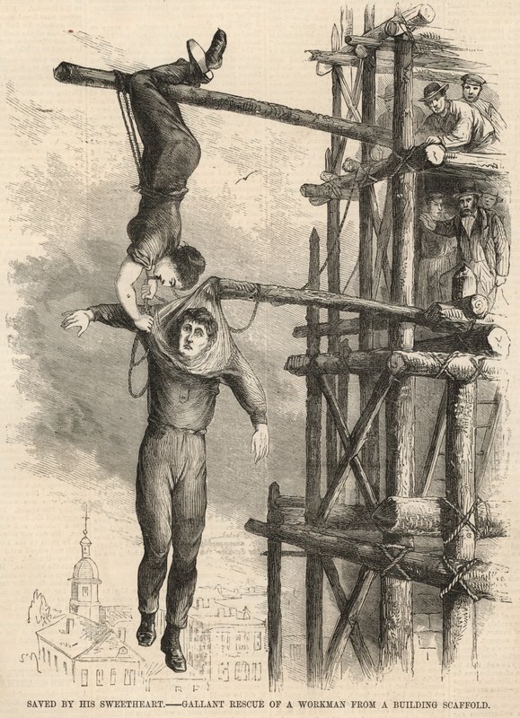 Gallant rescue of a workman from a building scaffold by English School
