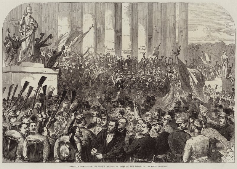 Gambetta proclaiming the French Republic in front of the Palace of the Corps Legislatif by English School