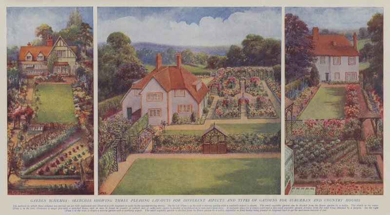 Garden Schemes, Sketches Showing Three Pleasing Layouts for Different Aspects and Types of Gardens for Suburban and Country Houses by English School