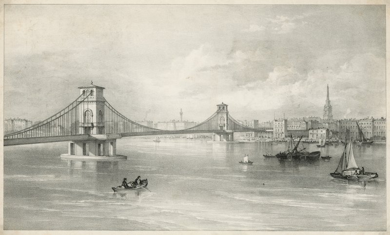 General View of Hungerford and Lambeth Suspension Foot Bridge by English School