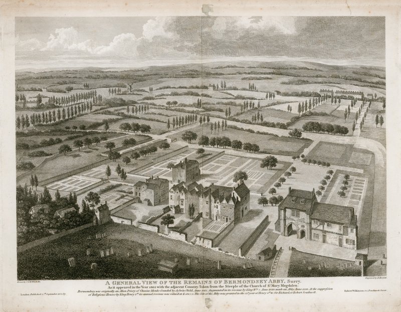 General view of the remains of Bermondsey Abbey, as it appeared in 1805 by English School