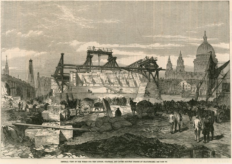 General view of the works for the London, Chatham and Dover Railway Bridge at Blackfriars, London by English School