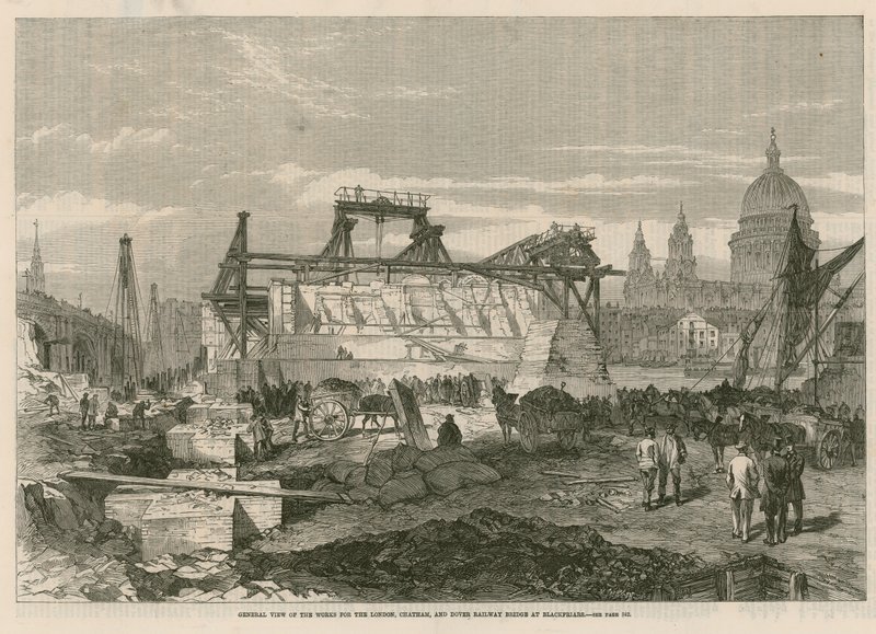 General view of the works for the London, Chatham and Dover railway bridge at Blackfriars by English School