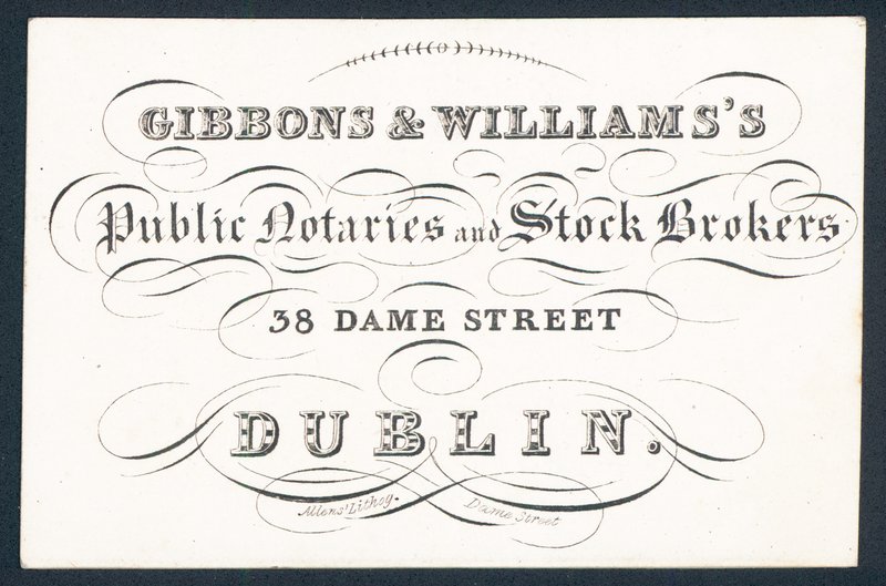 Gibsons & Williams public notaries and stock brokers, trade card by English School