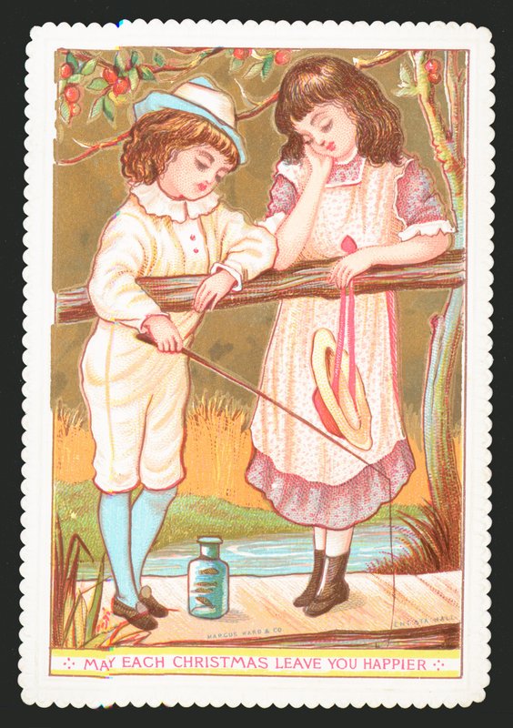 Girl and Boy Fishing with Rod by English School