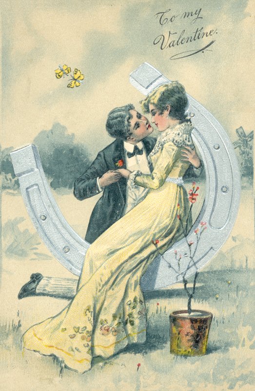 Girl and Boy About to Kiss While Sitting on a Large Horseshoe by English School