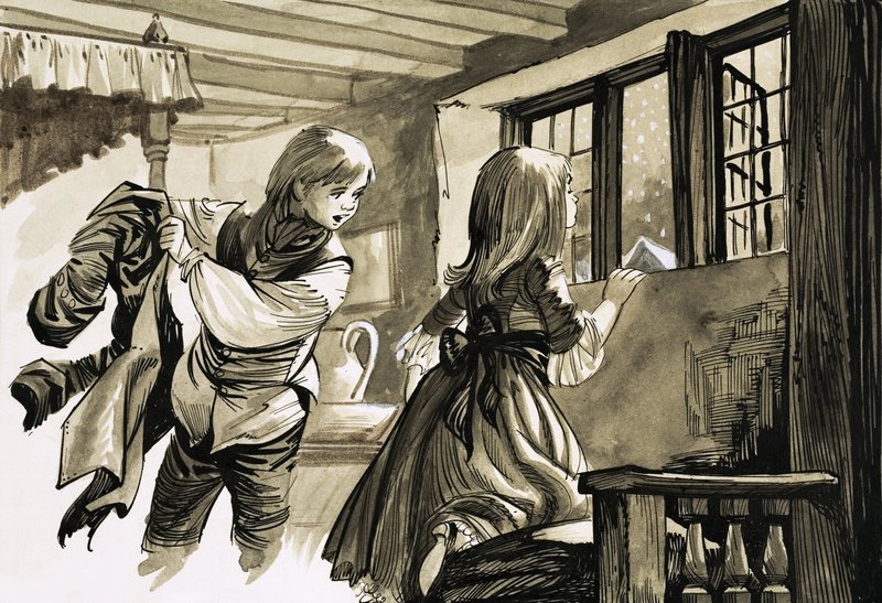 Girl and Boy Looking Out into the Snow by English School