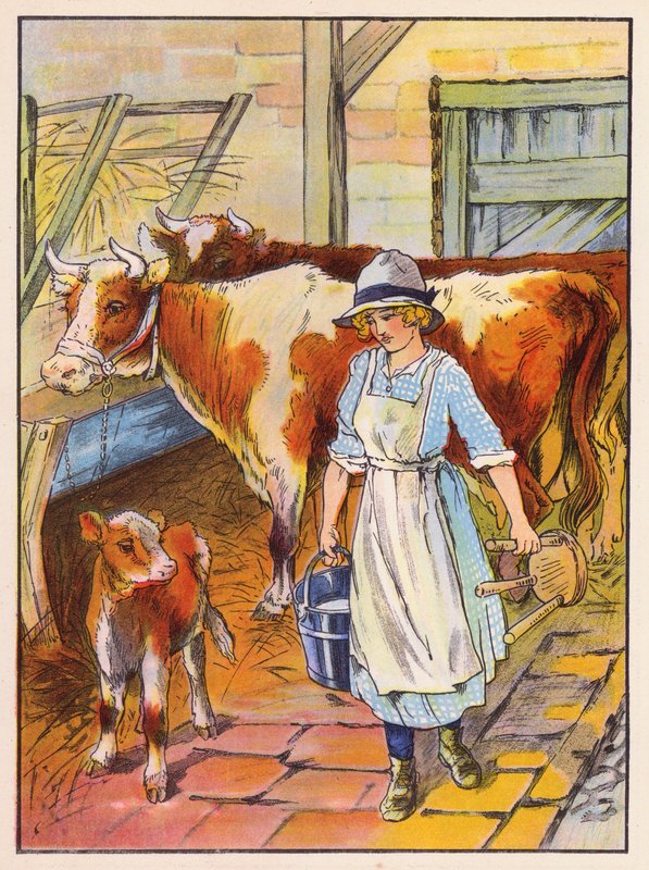 Girl Milking Cows by English School