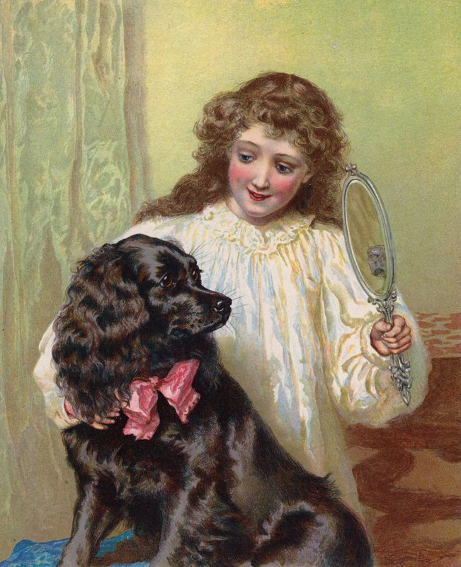 Girl showing her pet dog its reflection in a mirror by English School