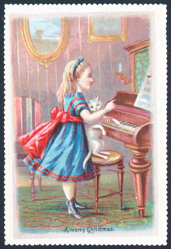 Girl with Cat standing at Piano by English School