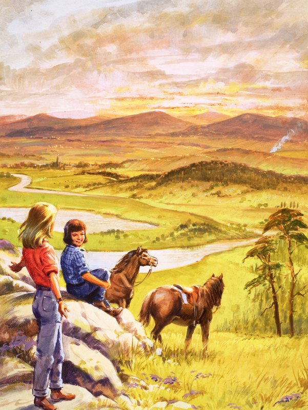 Girls and ponies looking over the countryside by English School