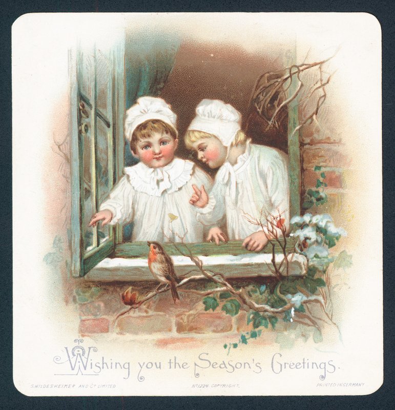 Girls wearing nightwear looking at robin out of window by English School