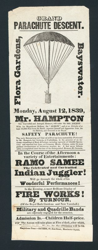 Grand Parachute Descent, Flora Gardens, Bayswater, 12 August 1839 by English School