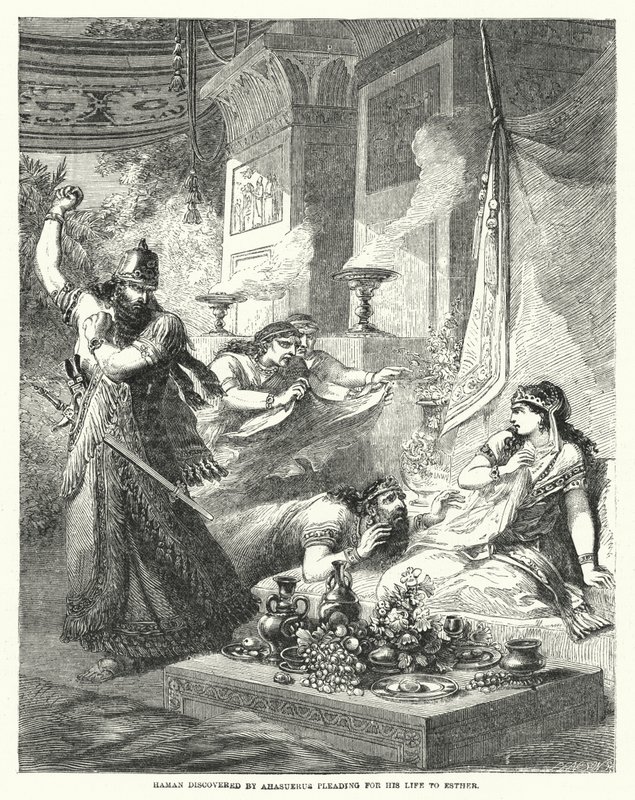 Haman Discovered by Ahasuerus Pleading for His Life to Esther (engraving) by English School