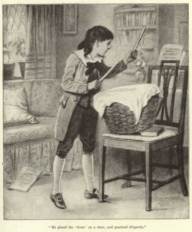 He placed the drum on a chair, and practised diligently by English School