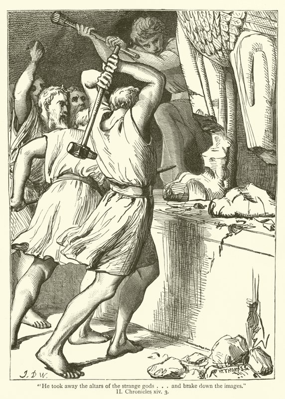 He took away the altars of the strange gods and brake down the images, II, Chronicles, xiv, 3 by English School