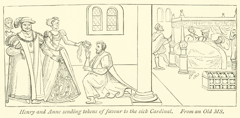 Henry and Anne sending tokens of favour to the sick Cardinal by English School