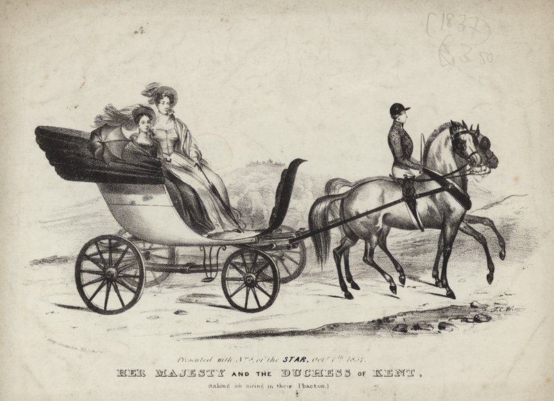 Her Majesty and the Duchess of Kent taking an airing in their Phaeton by English School