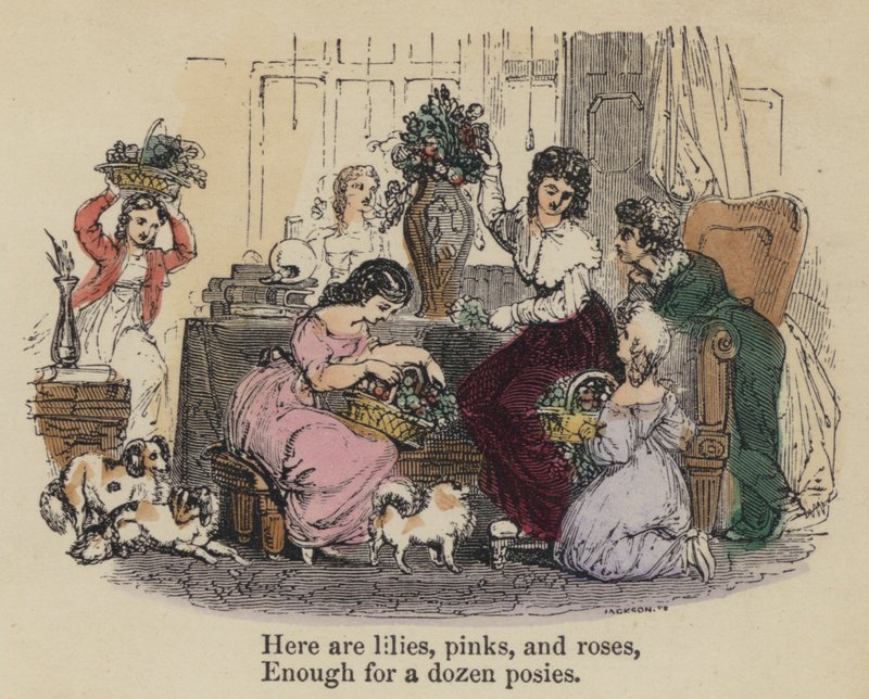 Here are lilies, pinks, and roses, Enough for a dozen posies by English School