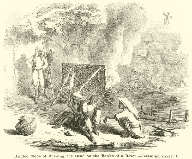 Hindoo Mode of Burning the Dead on the Banks of a River by English School