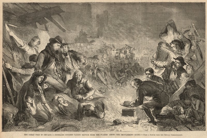 Homeless Citizens Taking Refuge from the Flames Among the Smouldering Ruins by English School