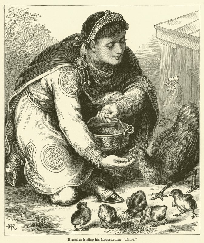Honorius feeding his favourite hen Rome by English School