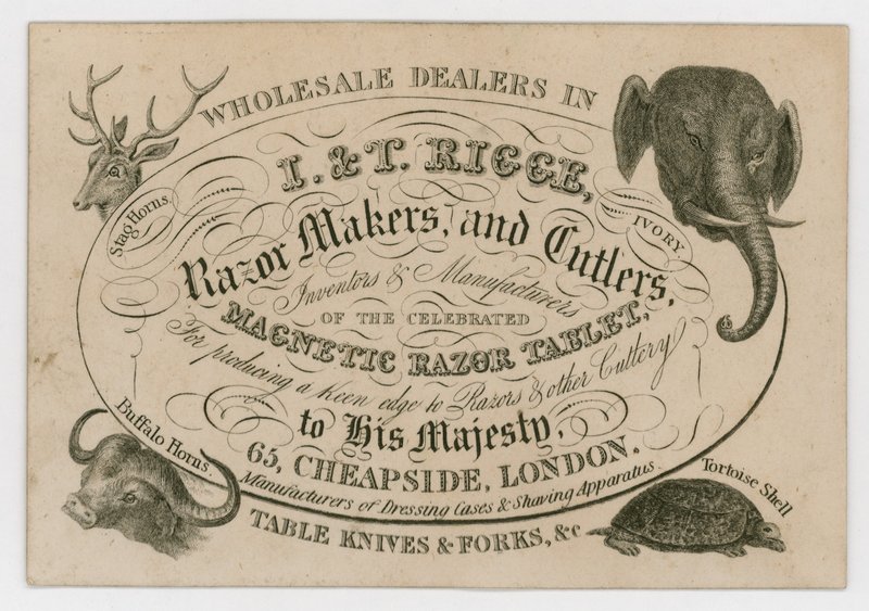 I & T Rigge, Razor Makers and Cutlers, Trade Card by English School