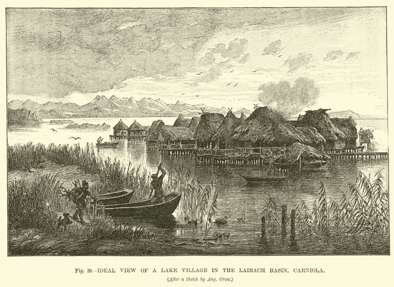 Ideal view of a lake village in the Laibach Basin, Carniola by English School