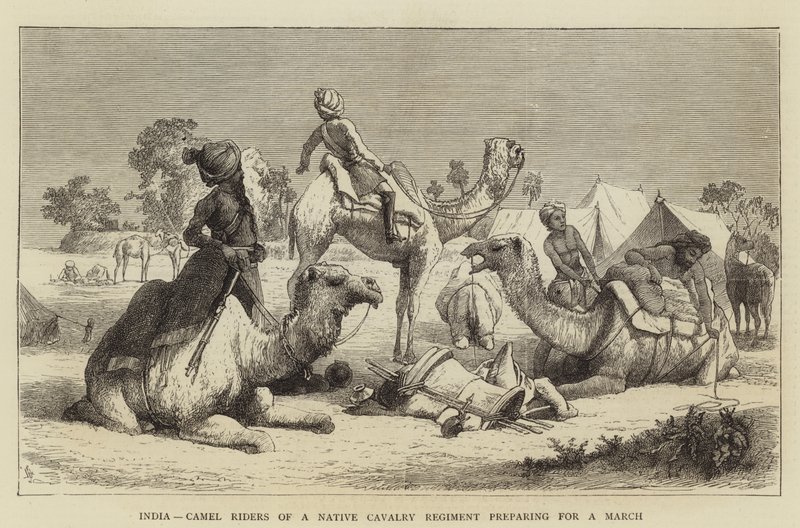 India, Camel Riders of a Native Cavalry Regiment preparing for a March by English School