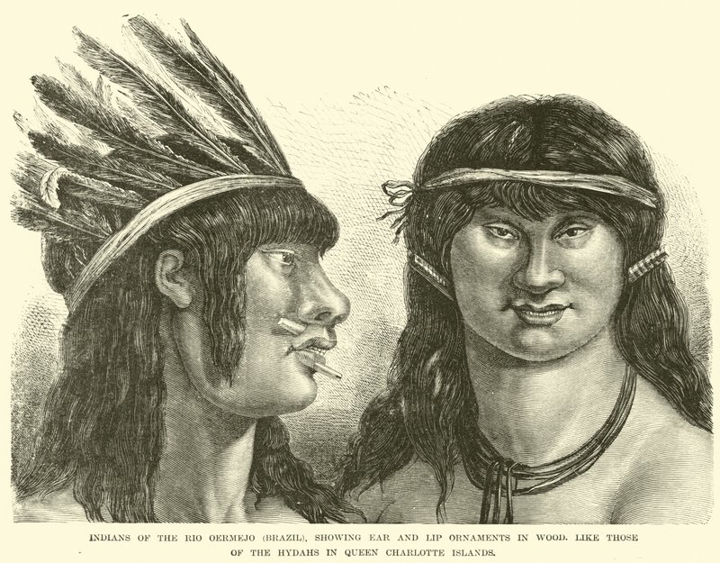 Indians of the Rio Oermejo (Brazil), showing ear and lip ornaments in wood, like those of the Hydahs in Queen Charlotte Islands by English School