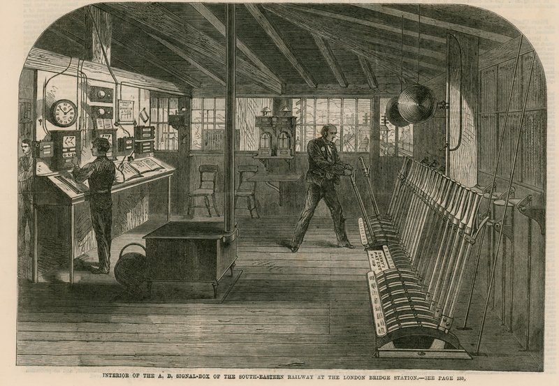 Interior of the A, B, Signal box of the South-Eastern Railway at the London Bridge station by English School