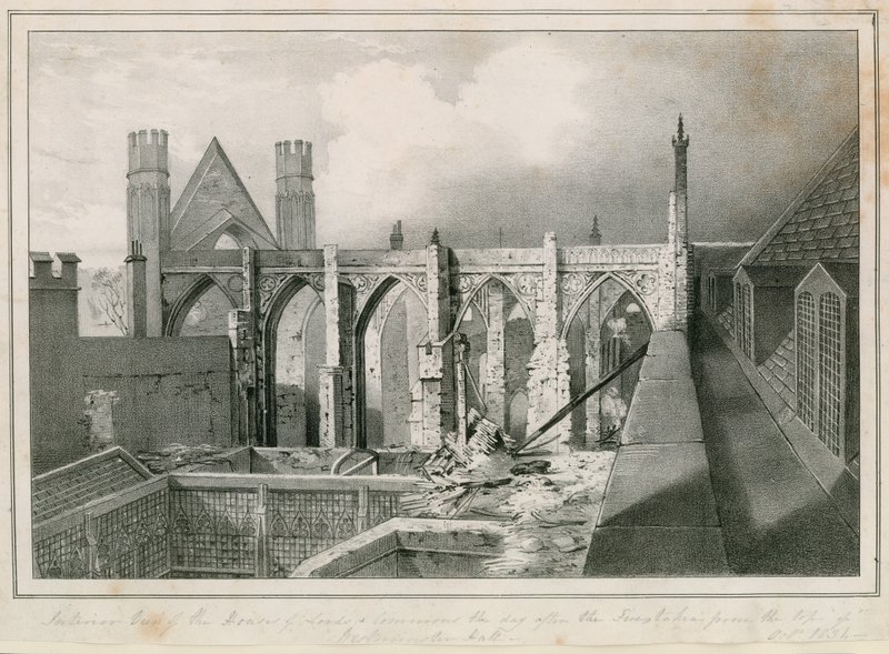 Interior View of the Houses of Lords and Commons the Day after the Fires Taken from the Top of Westminster Hall by English School
