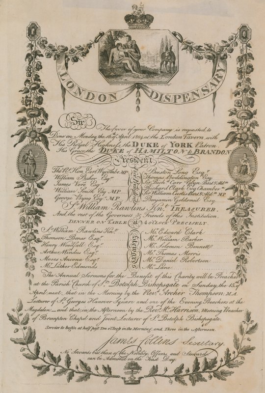Invitation to a dinner held by the London Dispensary at the London Tavern, 16 April 1804 by English School