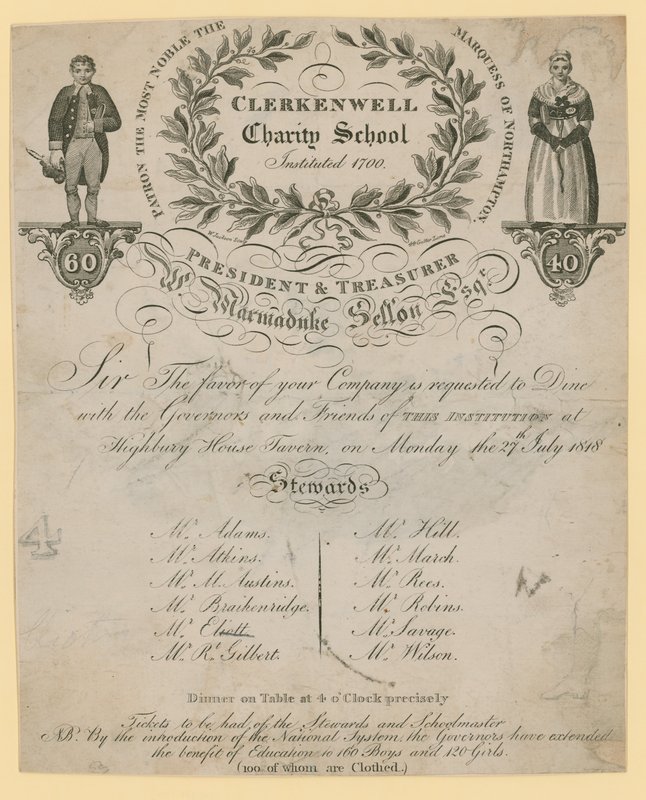 Invitation to the dinner of the Clerkenwell Charity School by English School