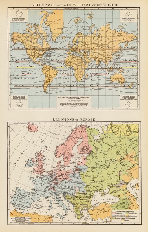 Isothermal and Winds Chart of the World; Religions of Europe by English School