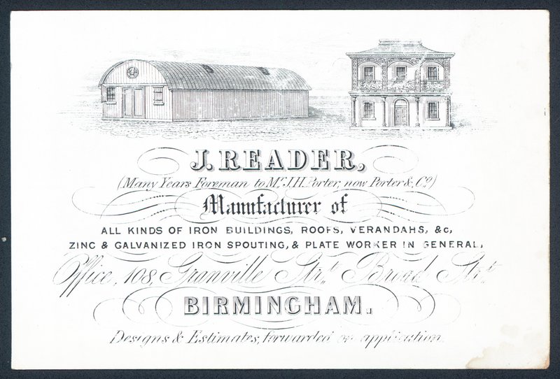J Reader, Foreman to Porter & Co, Trade Card by English School