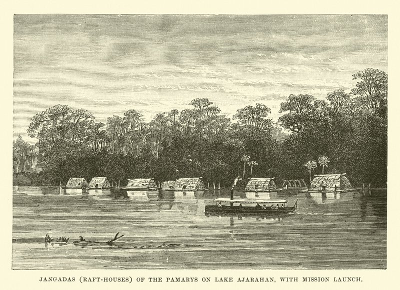 Jangadas (Raft-Houses) of the Pamarys on Lake Ajarahan, with Mission Launch by English School