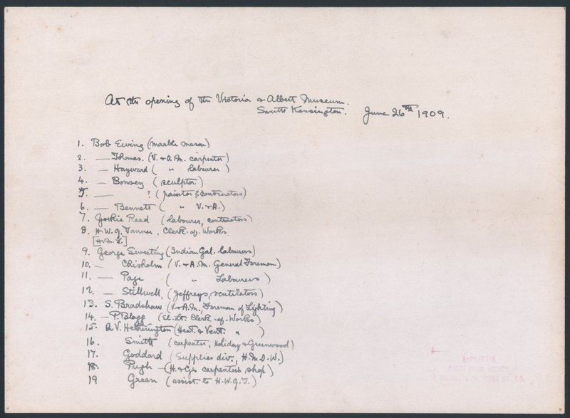 Key to a photo of a group of workmen who presented the address to King Edward VII at the opening of the Victoria and Albert Museum by English School