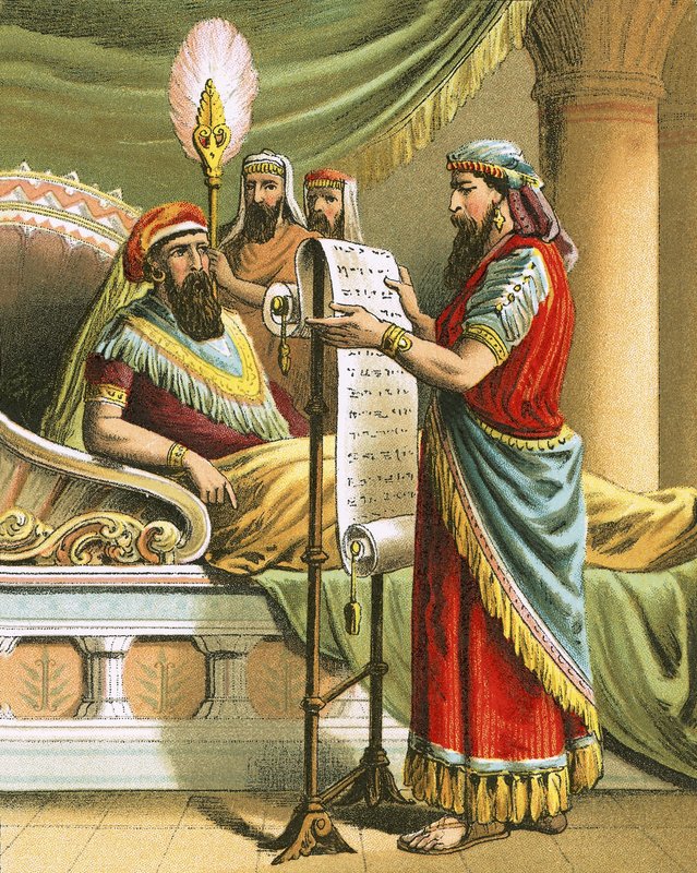 King Ahasuerus hears of Mordecai in the book of records by English School