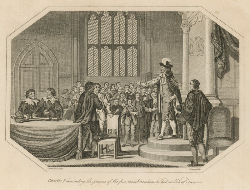 King Charles I demanding the persons of the five members whom he had accused of treason by English School