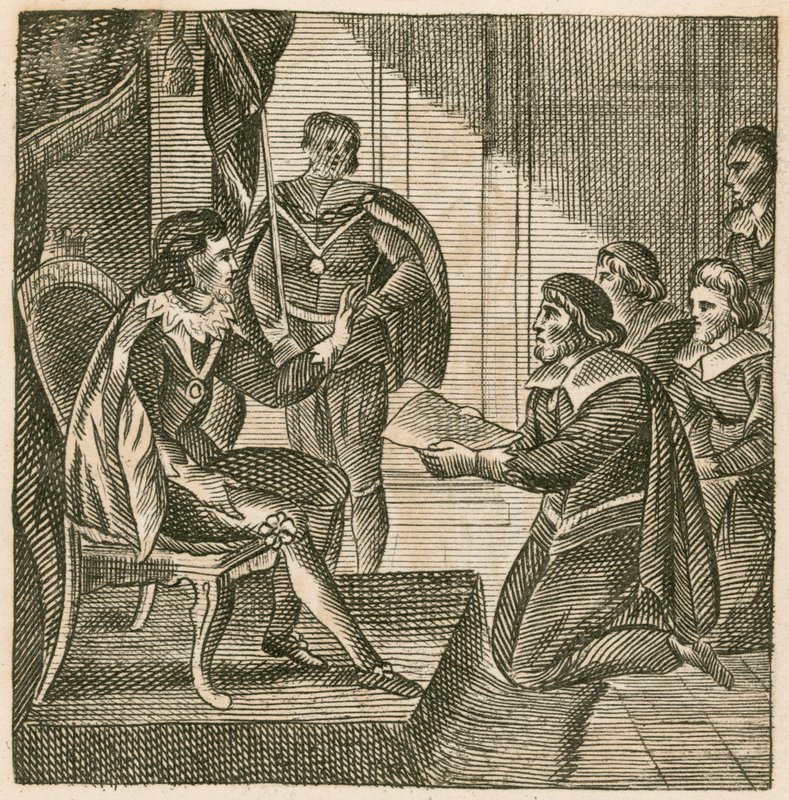 King Charles I receiving a petition from the Commons to assign them the power of levying armies by English School