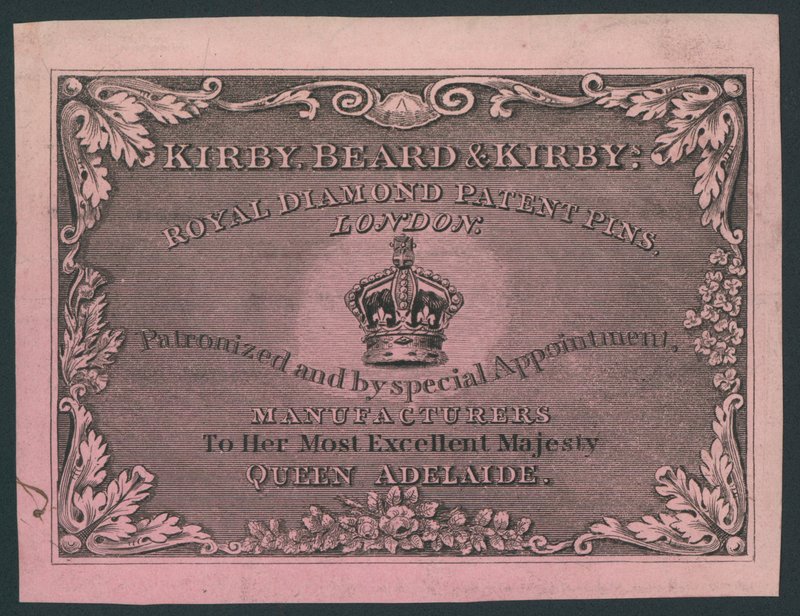 Kirby, Beard and Kirby, Royal Diamond Patent Pins, Trade Card by English School